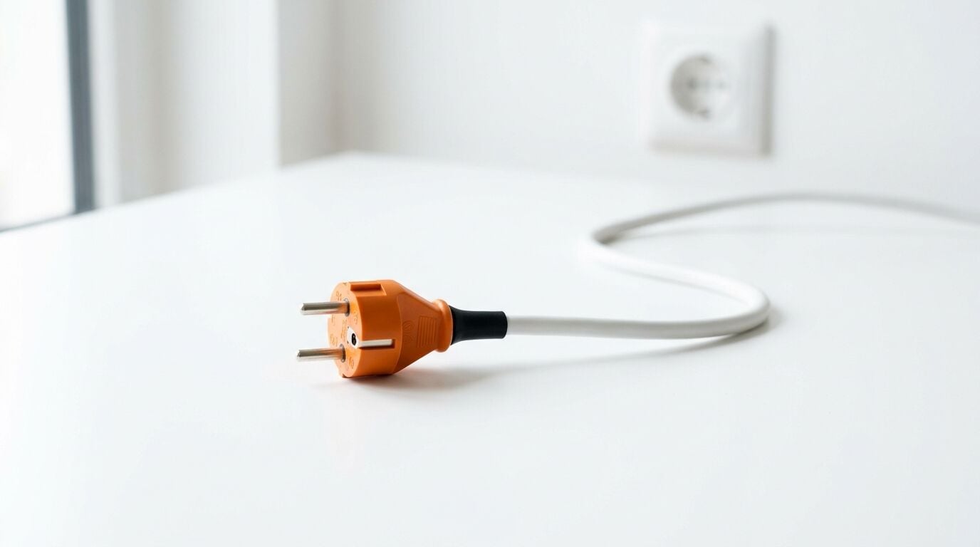 Ein orangefarbener Schukostecker mit weißem Kabel auf einem weißen Tisch vor einer Wandsteckdose