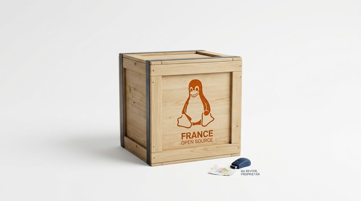 Holzkiste mit Linux-Pinguin und Text, davor Maus und Papier