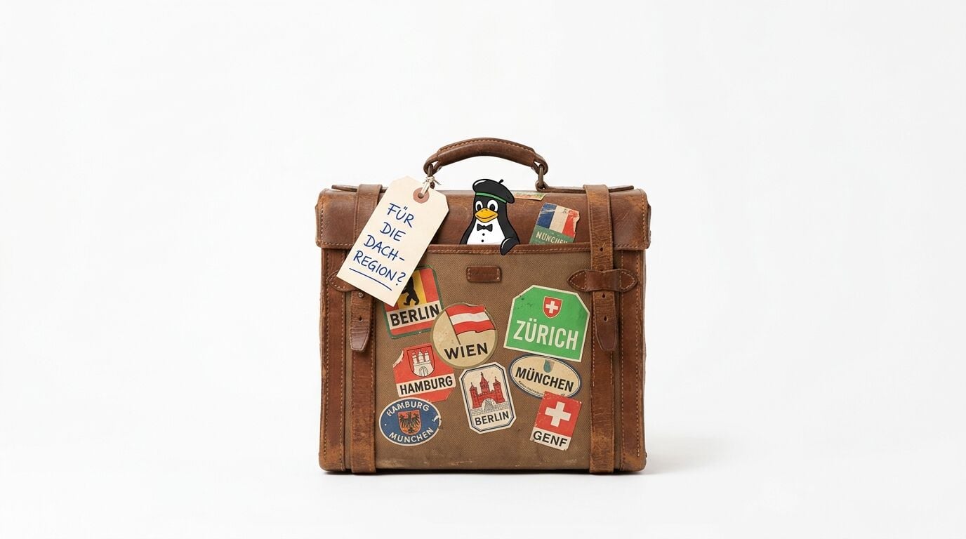 Brauner Koffer mit Reise-Stickern, einem Pinguin und Anhänger „FÜR DIE DACH-REGION?“