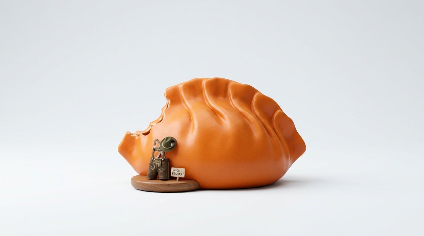 Großer orangefarbener Dumpling, angeknabbert, mit Mini-Tracht und „NICHT ESSBAR“-Schild auf Podest