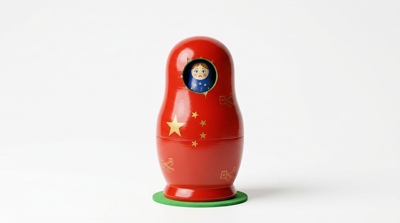 Rote chinesische Matrjoschka mit Loch, darin eine kleine blaue EU-Figur vor weißem Hintergrund
