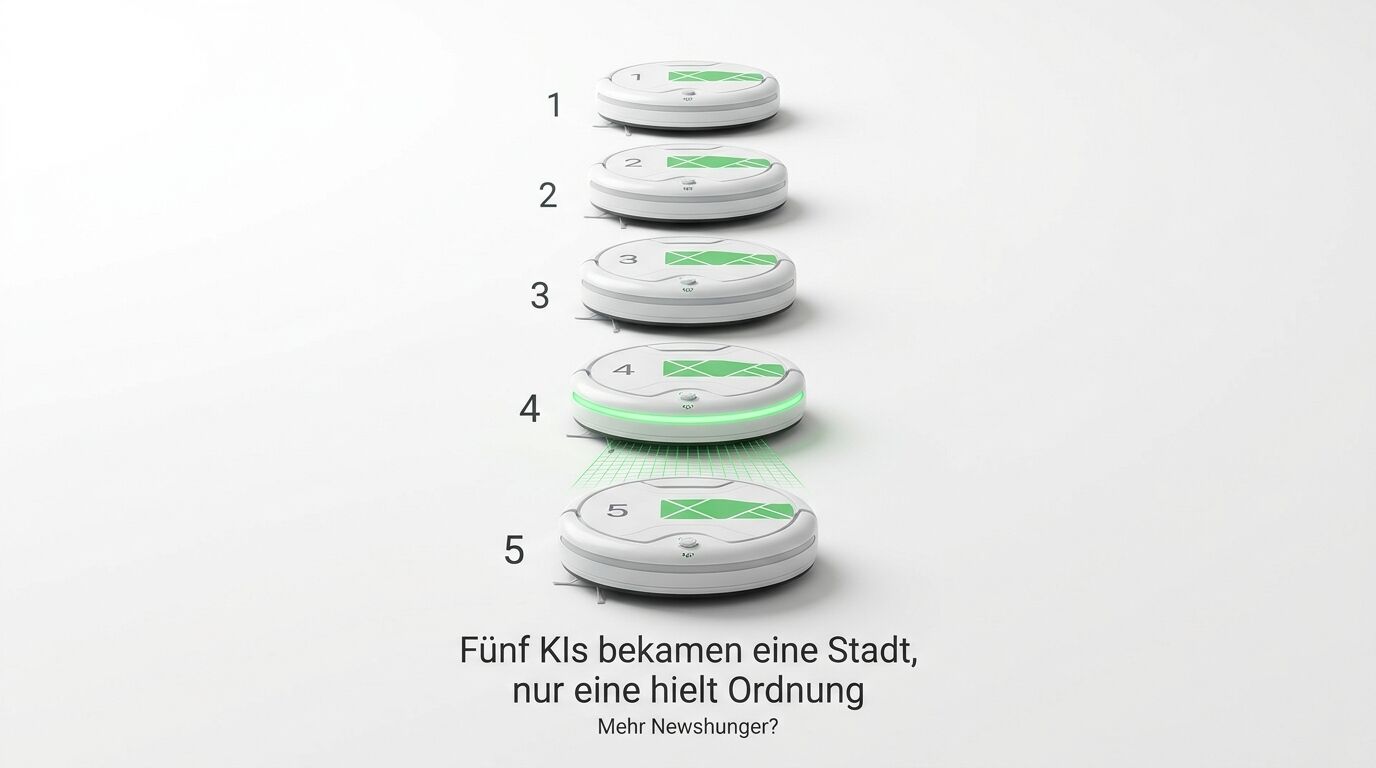 Fünf nummerierte Saugroboter in Reihe, Nummer vier leuchtet grün mit Laserscan, Text unten