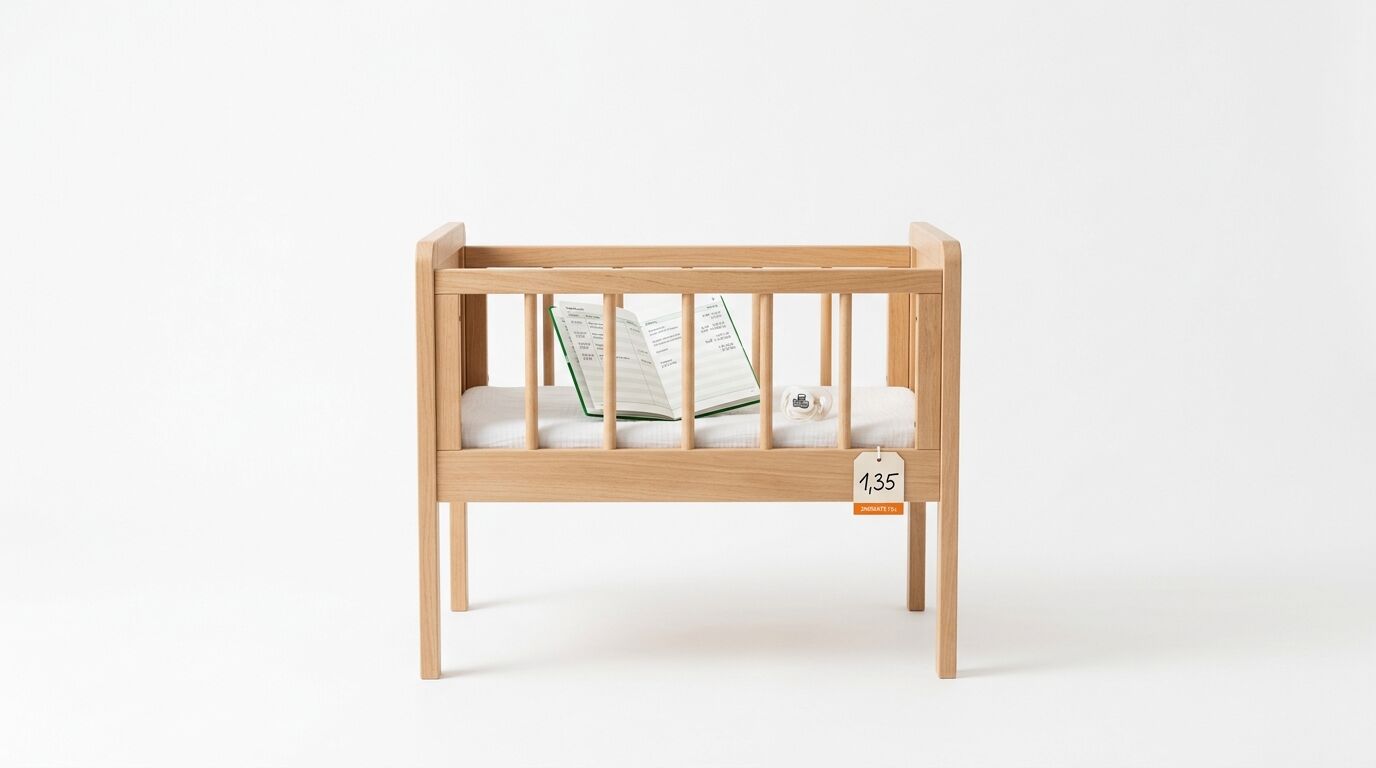 In diesem Foto sehen wir ein hölzernes Babybett, das vor einem neutralen weißen Hintergrund steht