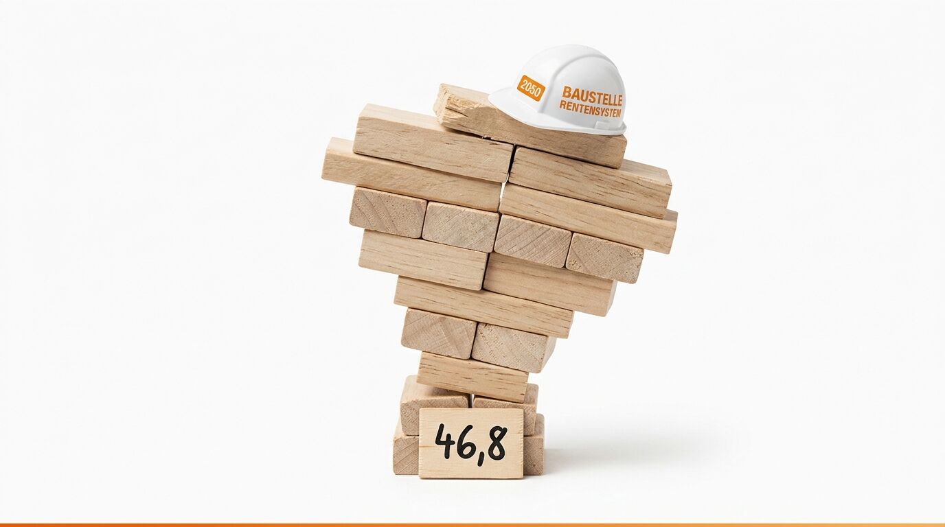 Turm aus Holzblöcken mit Helm oben und der Zahl 46,8 unten
