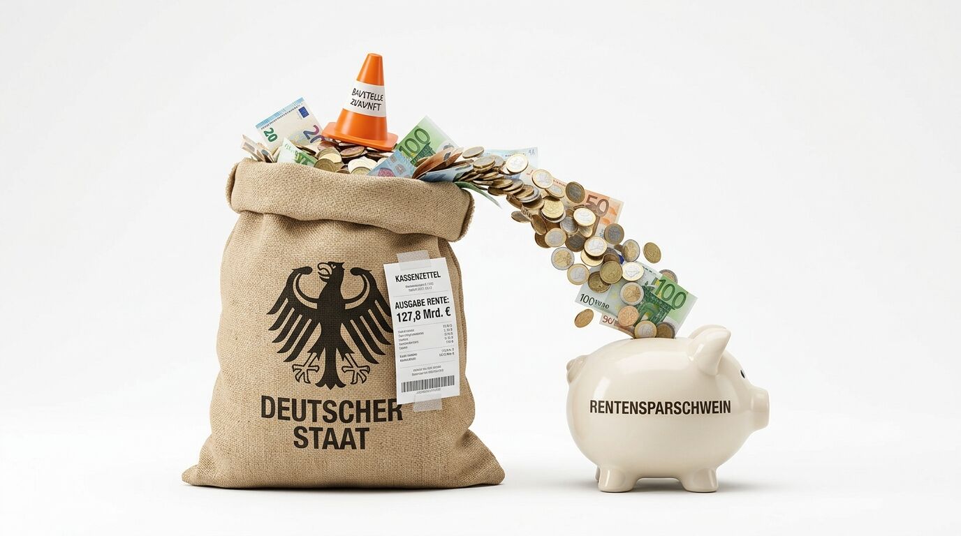 Ein Geldsack (DEUTSCHER STAAT) schüttet Geld in ein Sparschwein (RENTENSPARSCHWEIN)