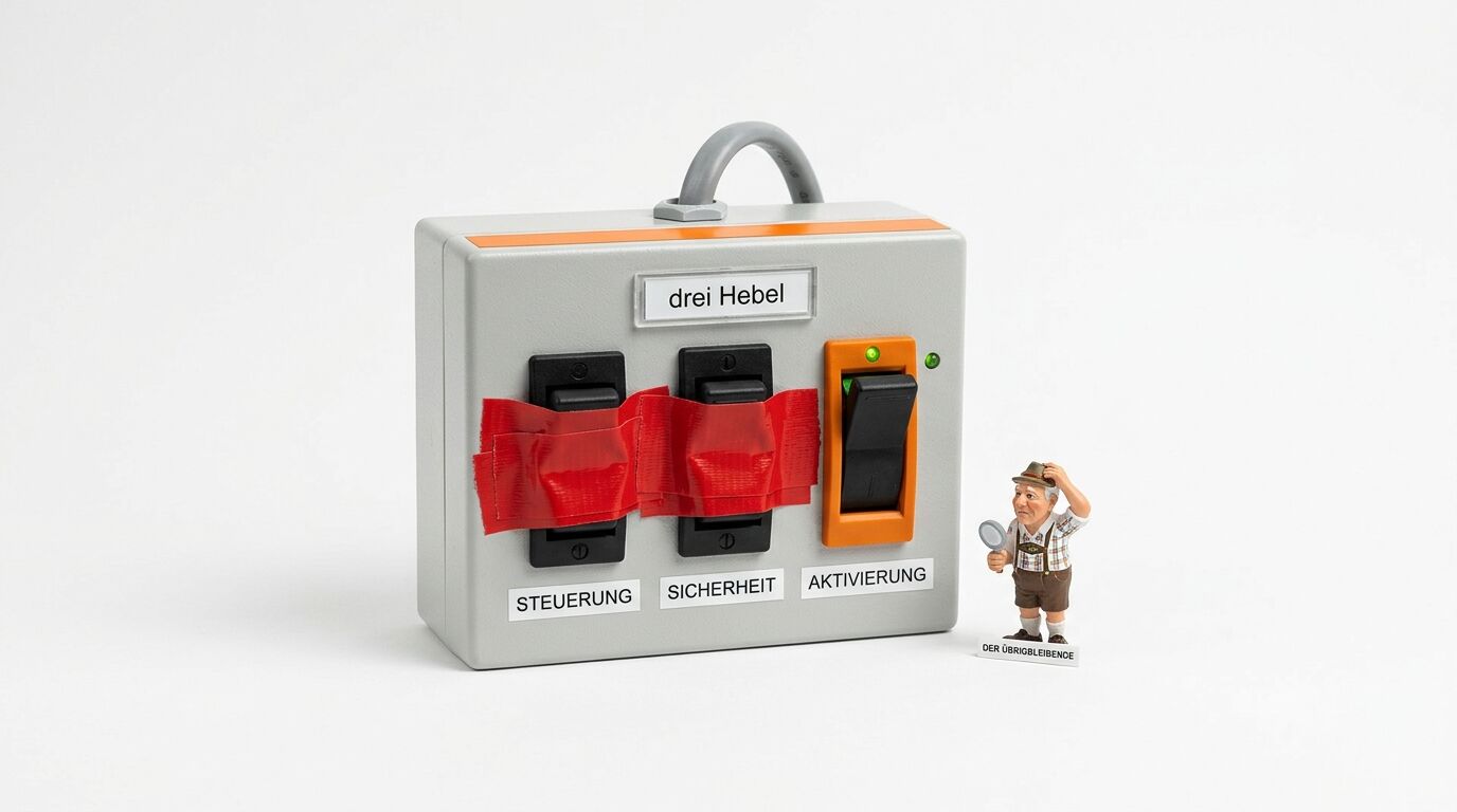 Graue Box mit drei Wippschaltern, zwei mit Klebeband, daneben eine Figur in Tracht