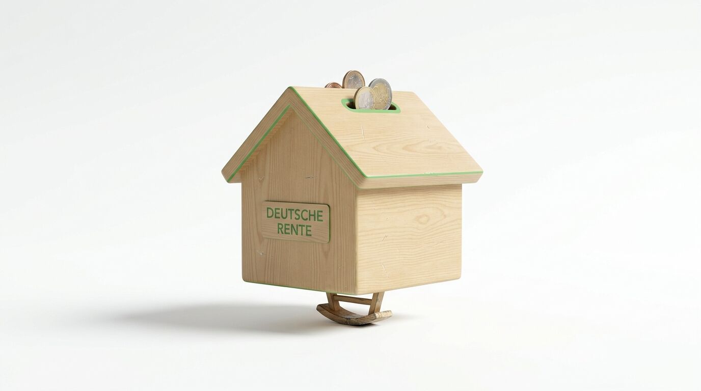 Holz-Spardose als Haus mit Euro-Münzen, Schaukelgestell und Aufschrift