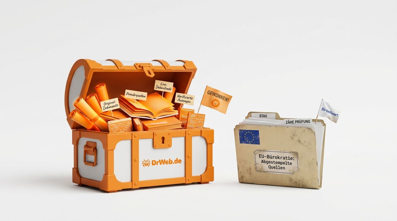 Geöffnete Schatztruhe mit Web-Inhalten neben verstaubtem EU-Bürokratie-Aktenordner