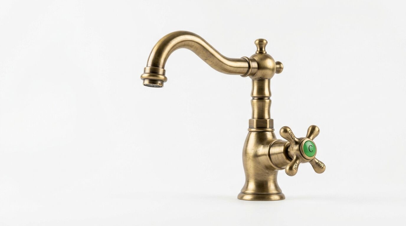 Freistehende, antike Wasserarmatur aus gealtertem Messing mit Kreuzgriff auf weißem Grund