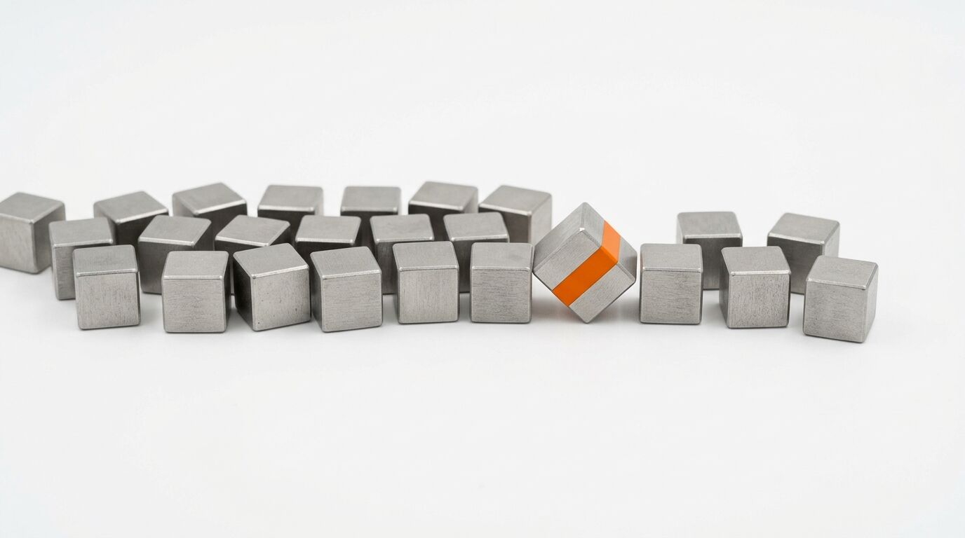 Reihe Metallwürfel mit einem schrägen orangefarbenen Würfel