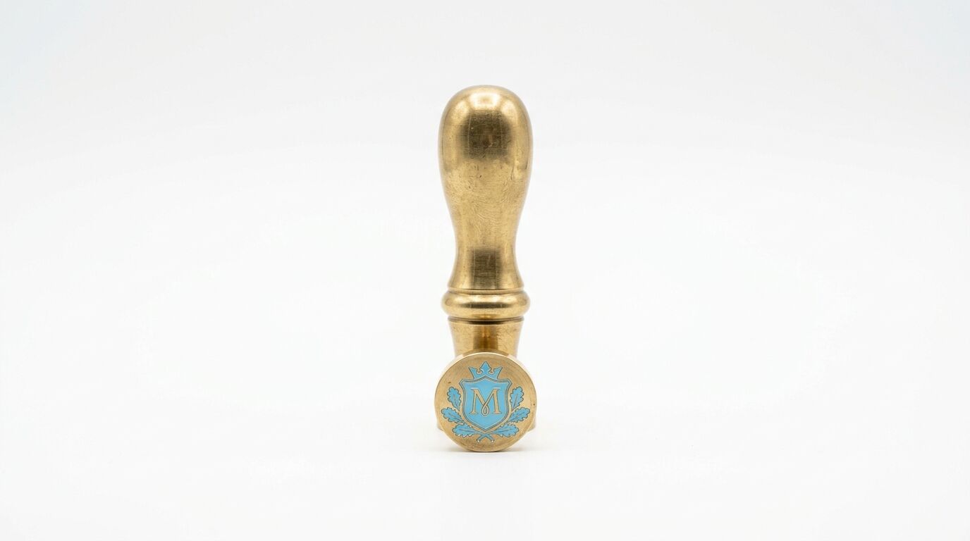 Ein Siegelstempel aus Messing mit einem blauen Wappen und dem Buchstaben 