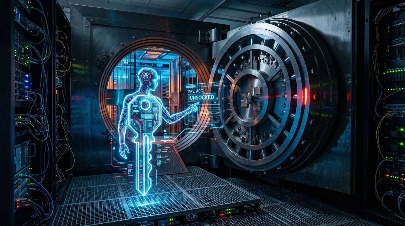 Ein leuchtendes Hologramm eines Schlüssel-Mannes vor einem geöffneten Tresorraum in einem Serverraum