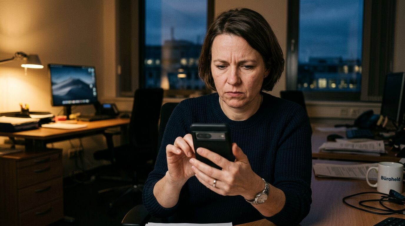 Porträt einer Frau im Büro, die konzentriert auf ihr Handy schaut