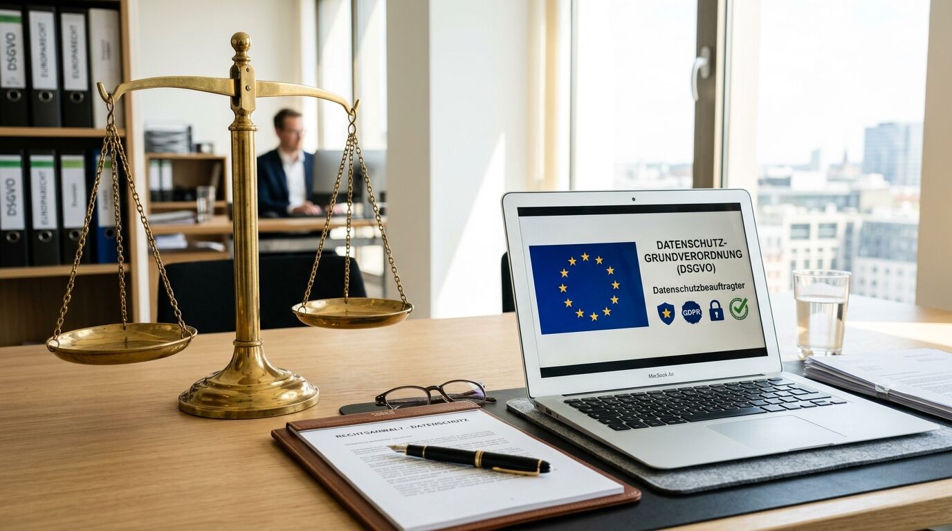 Büroszene mit Waage und Laptop, auf dessen Bildschirm die DSGVO-Flagge und Text zu sehen sind