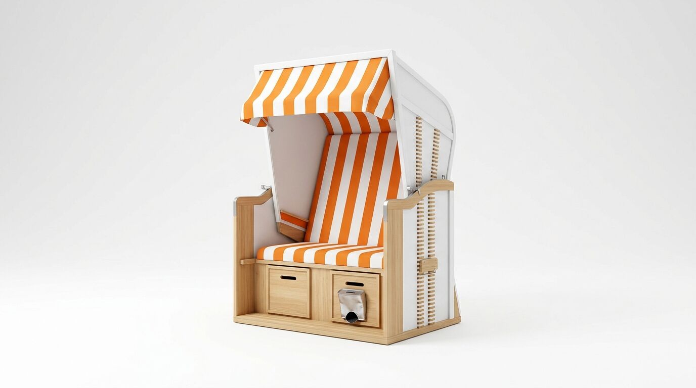 Ein Strandkorb mit orange-weiß gestreiftem Polster und Holzstruktur auf weißem Grund