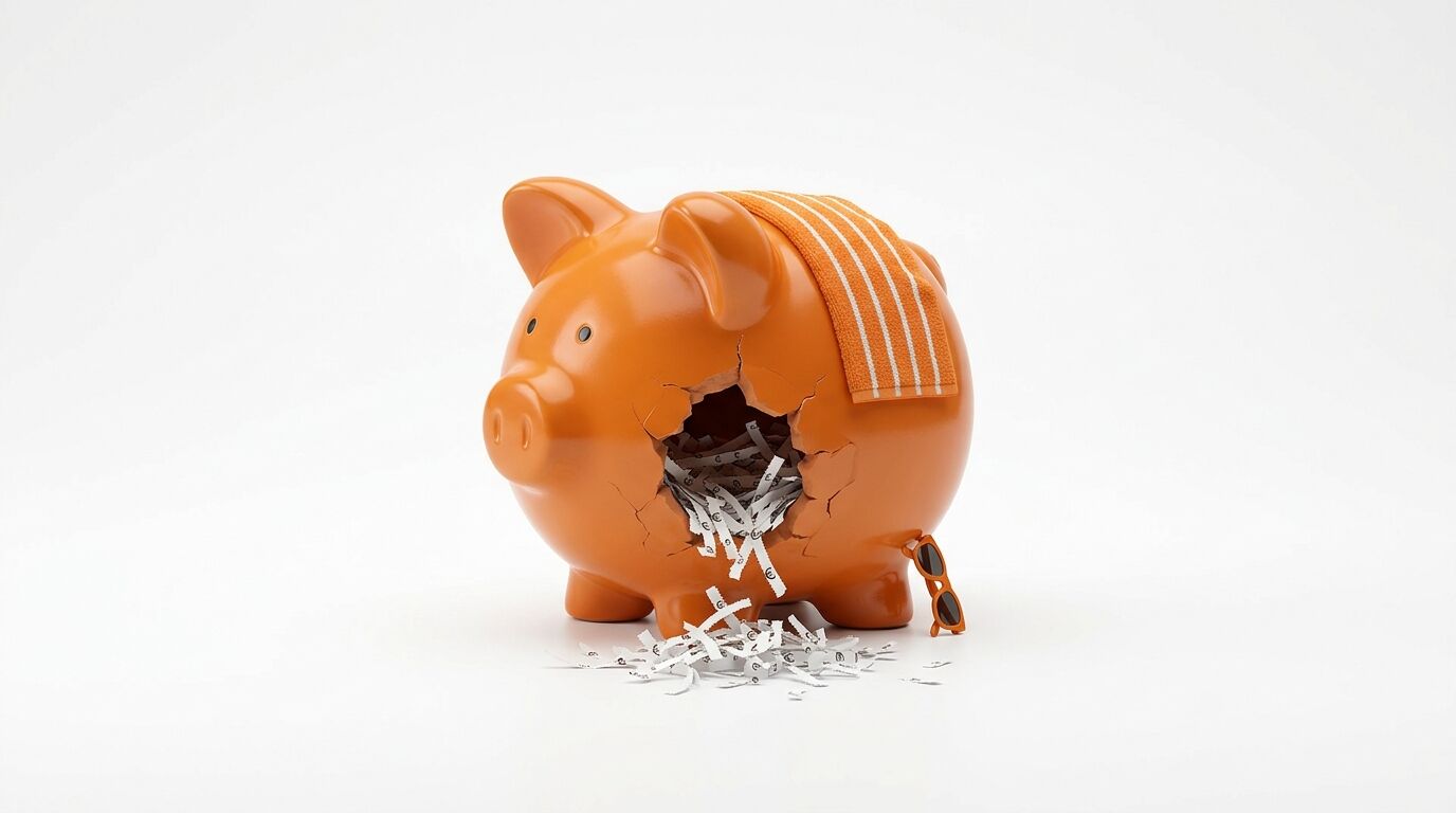 Kaputtes orangefarbenes Sparschwein mit Tuch und Brille, Papierschnipsel quellen heraus
