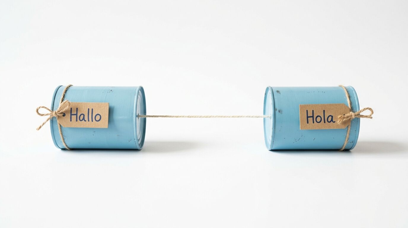 Dose-zu-Dose-Telefon auf weißem Grund, beschriftet mit „Hallo“ und „Hola“ auf Anhängern