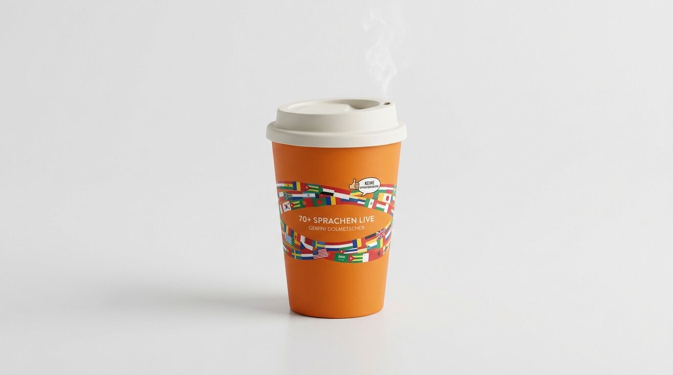 Oranger Becher mit Deckel, Dampf, Flaggen und Text „70+ SPRACHEN LIVE“ vor weißem Hintergrund