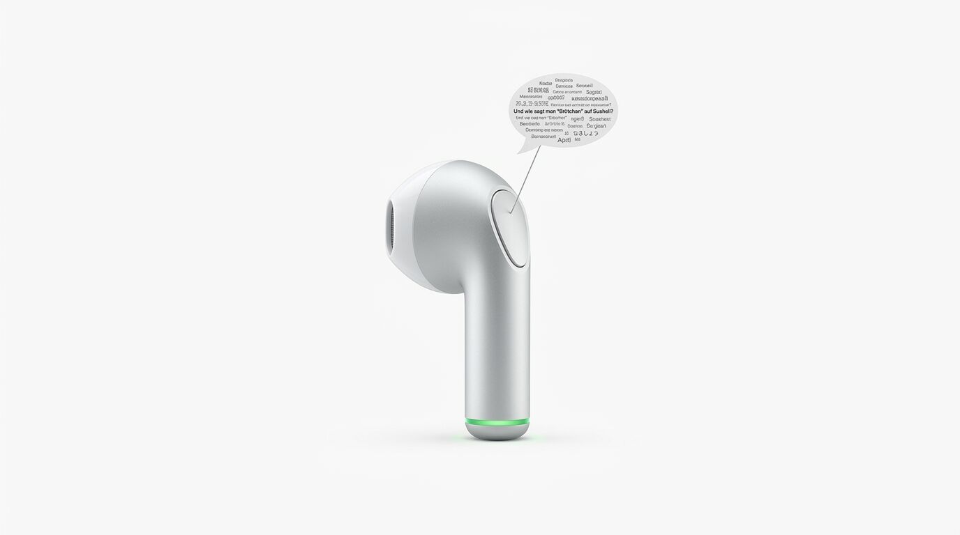 Kabelloser In-Ear-Kopfhörer mit grüner LED und Sprechblase über einer Taste