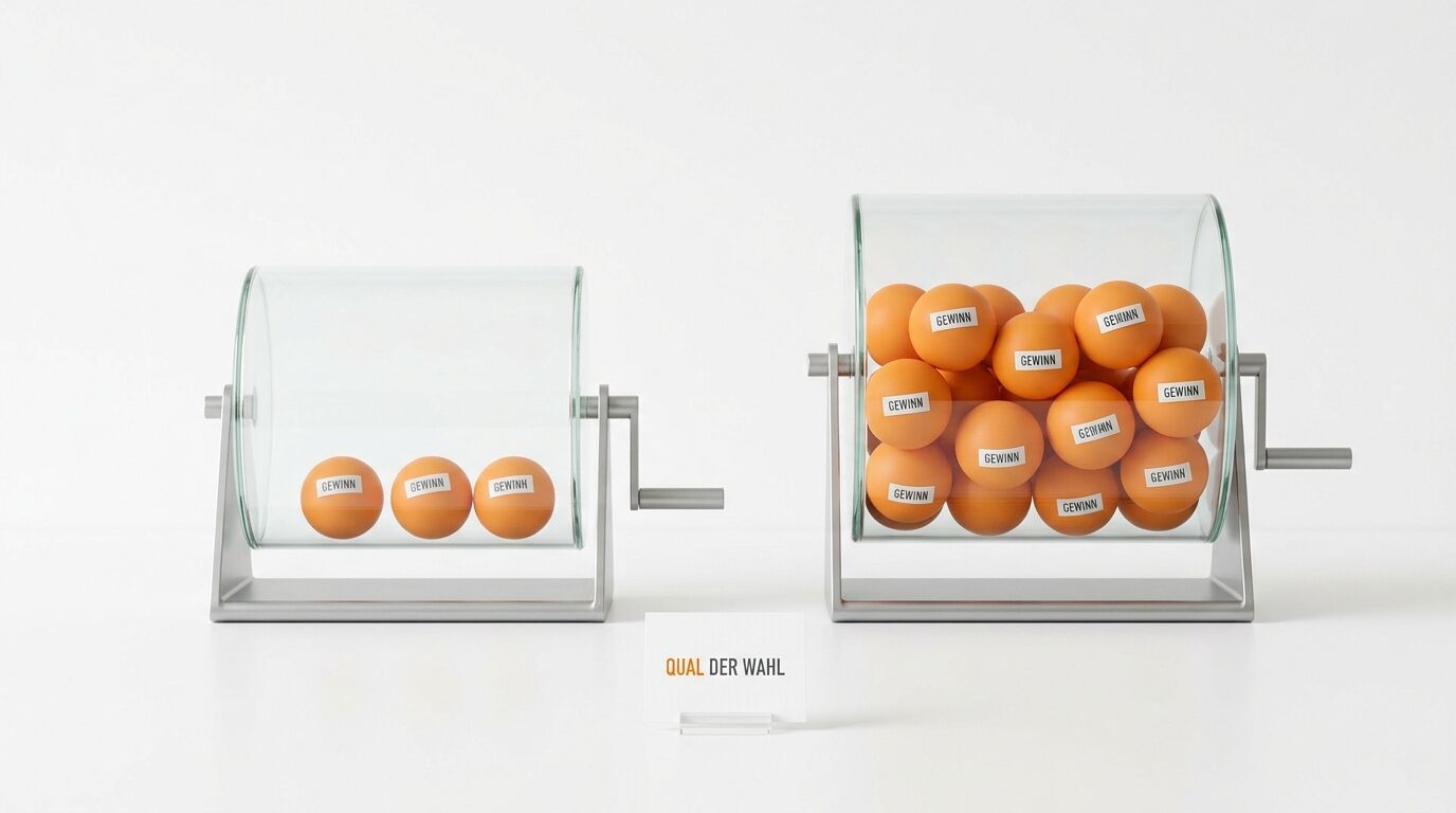 Zwei Lostrommeln mit orangefarbenen „GEWINN“-Eiern vor weißem Grund, Schild „QUAL DER WAHL“