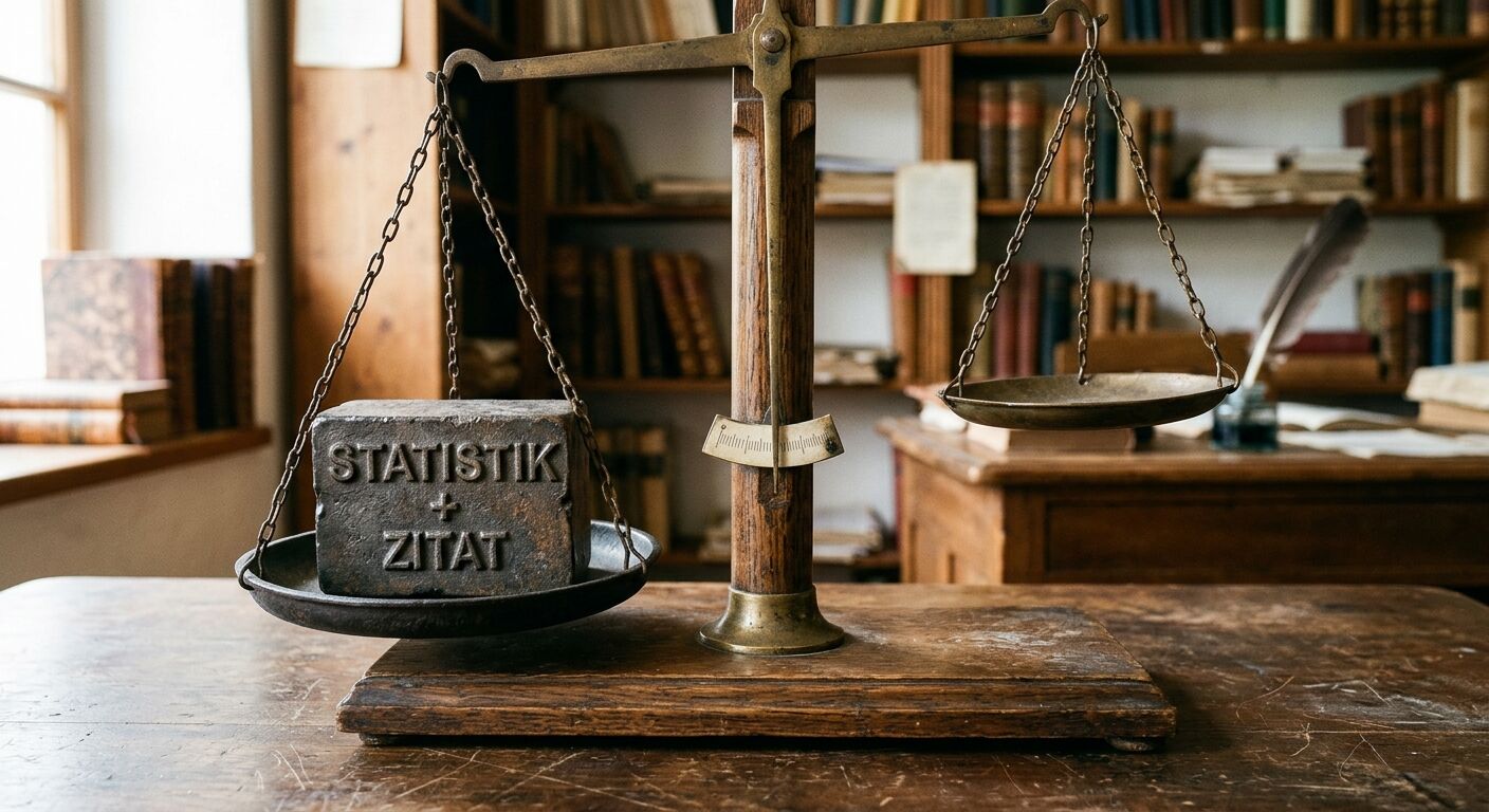 Alte Balkenwaage mit graviertem Steinbock in Bibliothek: „STATISTIK + ZITAT“