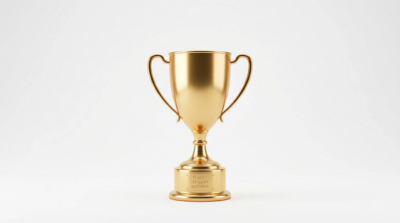 Goldener Pokal mit Inschrift PLATZ 1 IST NICHT BUCHBAR auf weißem Hintergrund