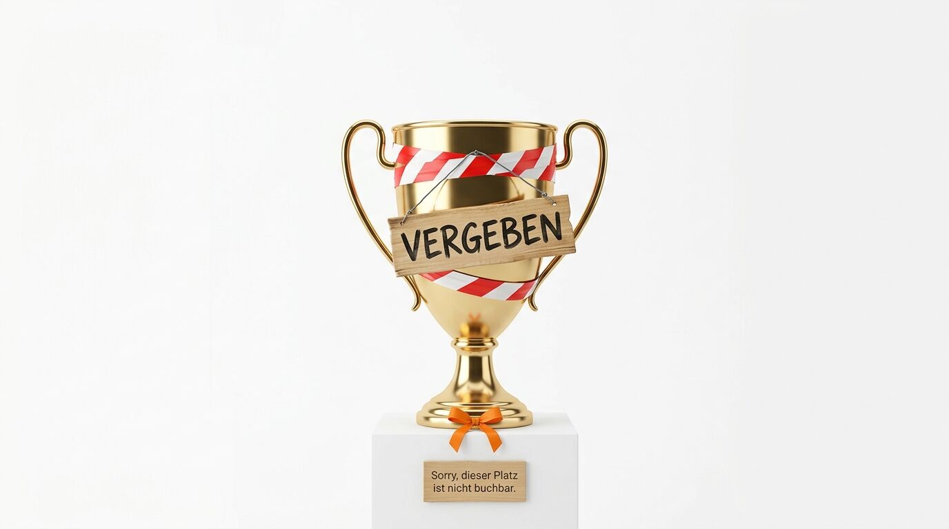 Pokal mit rot-weißem Band, Holzschild „VERGEBEN“ und Text „Sorry, dieser Platz...“ auf Sockel