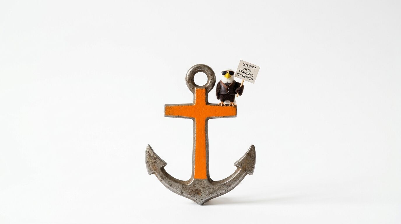 Ein Anker mit orangem Querbalken, auf dem ein Adler mit Sonnenbrille und einem Schild steht