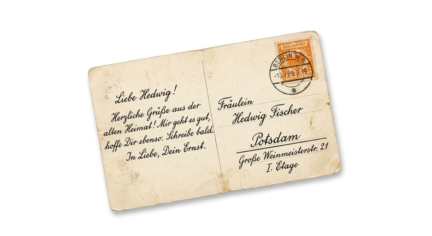 Alte Postkarte, handbeschrieben mit Briefmarke und Stempel auf weißem Hintergrund