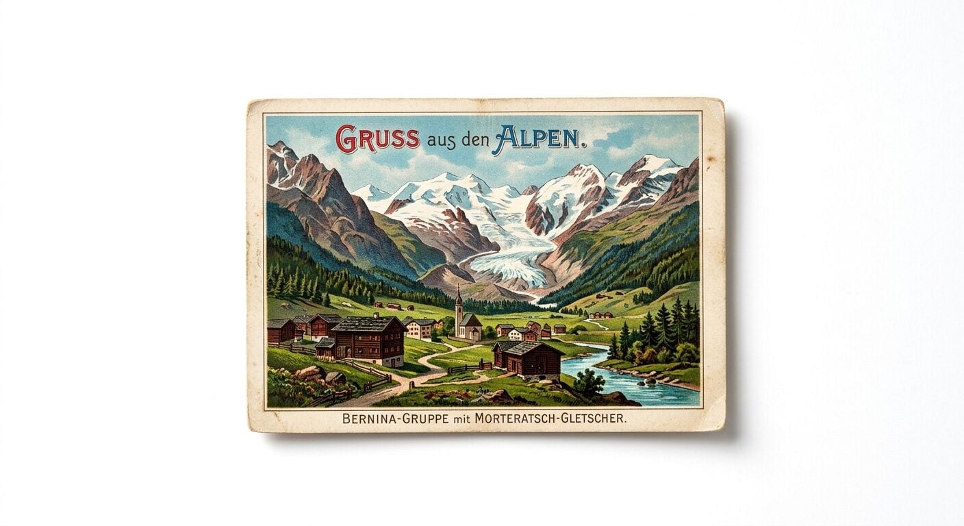 Alpen-Postkarte mit der Aufschrift „Gruss aus den Alpen.“ und einer Alpen-Illustration