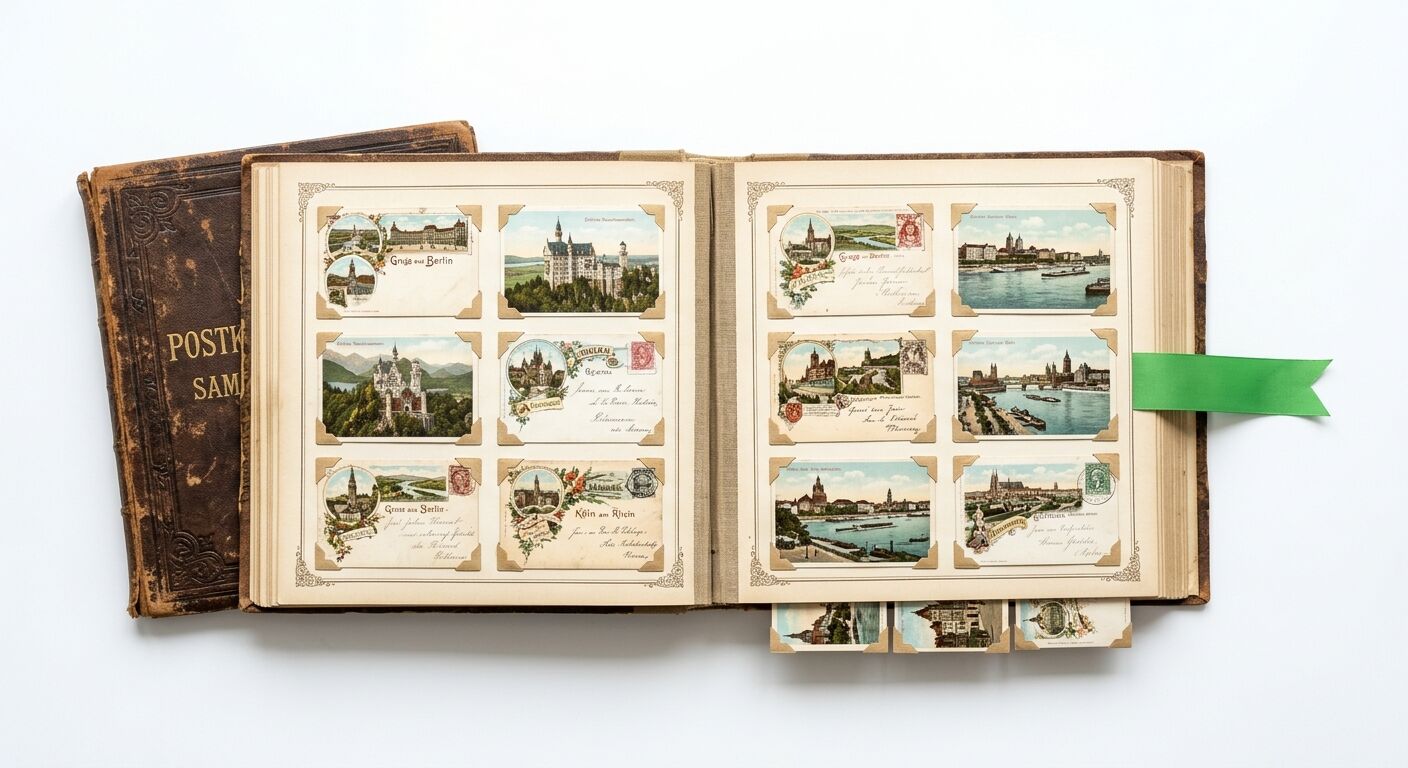 Geöffnetes Postkartenalbum und geschlossenes Buch daneben auf weißem Grund