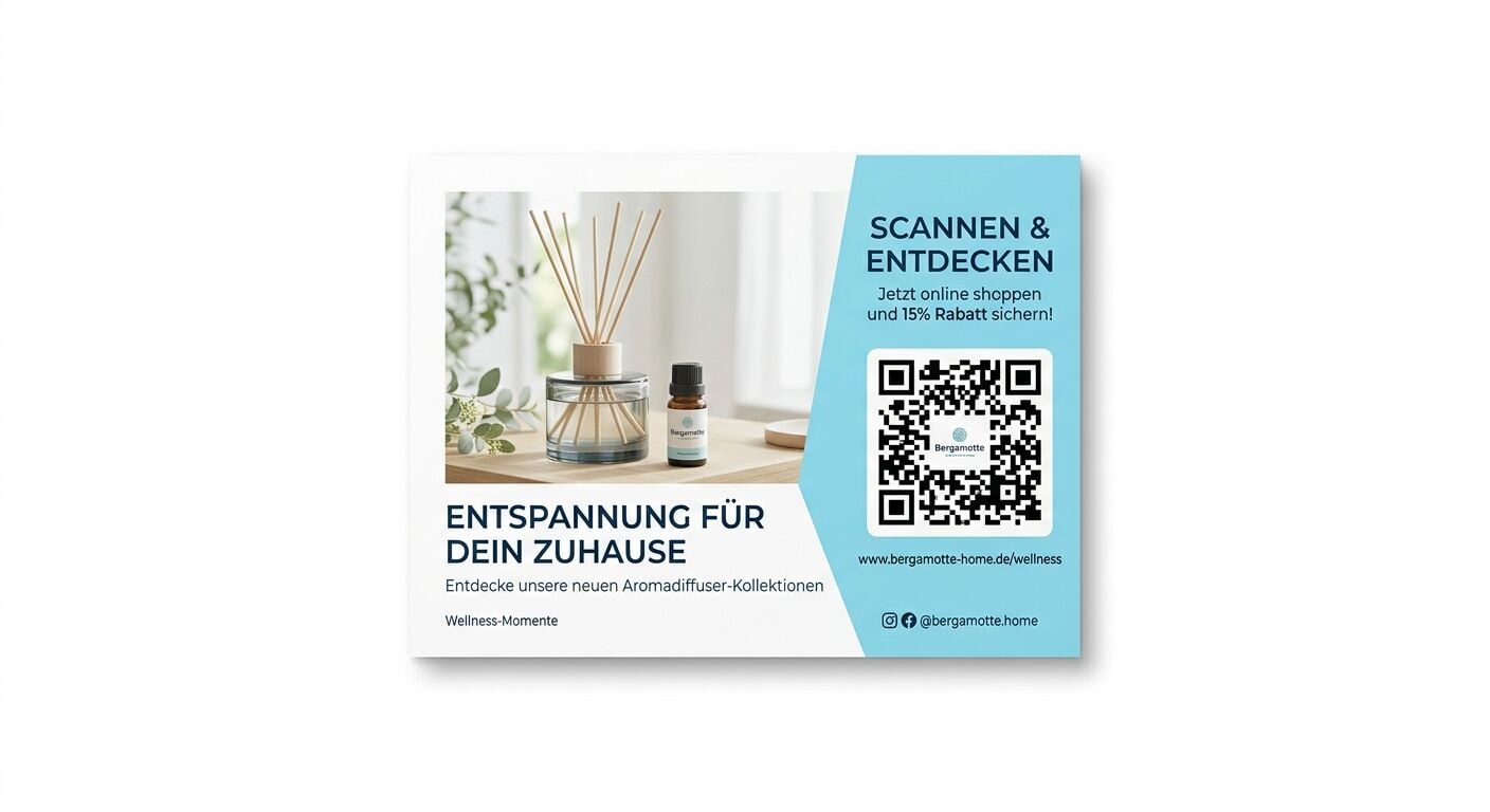Horizontale Werbekarte für Wellnessprodukte mit Diffuser, Duftöl, QR-Code und 15% Rabatt