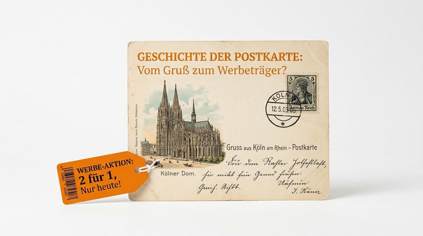 Alte Kölner Postkarte mit aufgedrucktem Vortragstitel und einem orangefarbenen Werbeanhänger