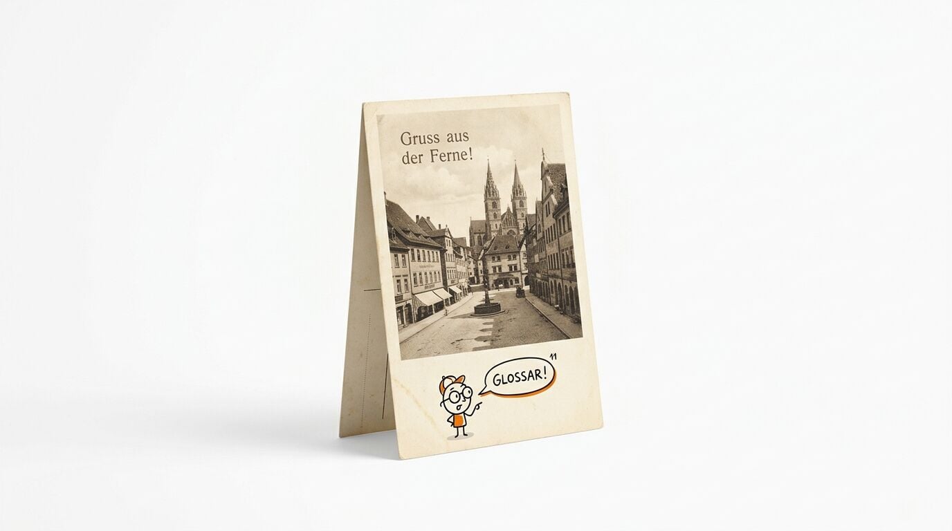 Eine aufgestellte Postkarte mit dem Text „Gruss aus der Ferne!“ und einer Figur mit Sprechblase