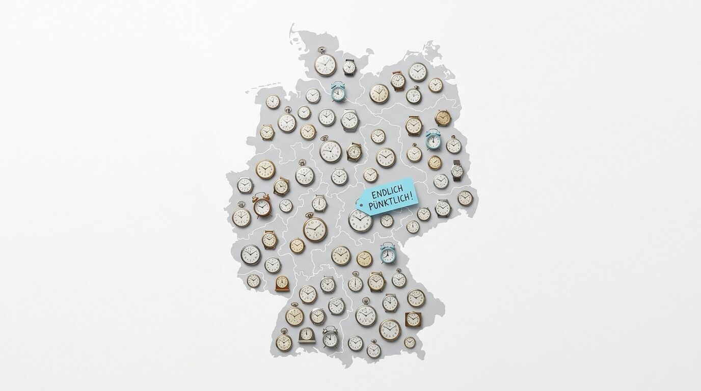 Deutschlandkarte mit Uhren, Schild „ENDLICH PÜNKTLICH!“