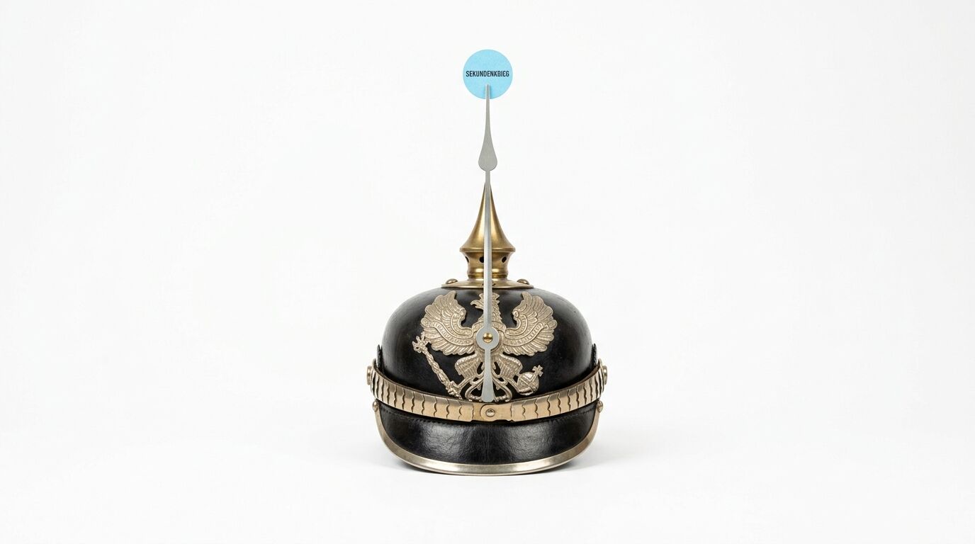 Pickelhaube mit Adleremblem, oben blauer Punkt „SEKUNDENKRIEG“ auf Zeiger, weißer Grund