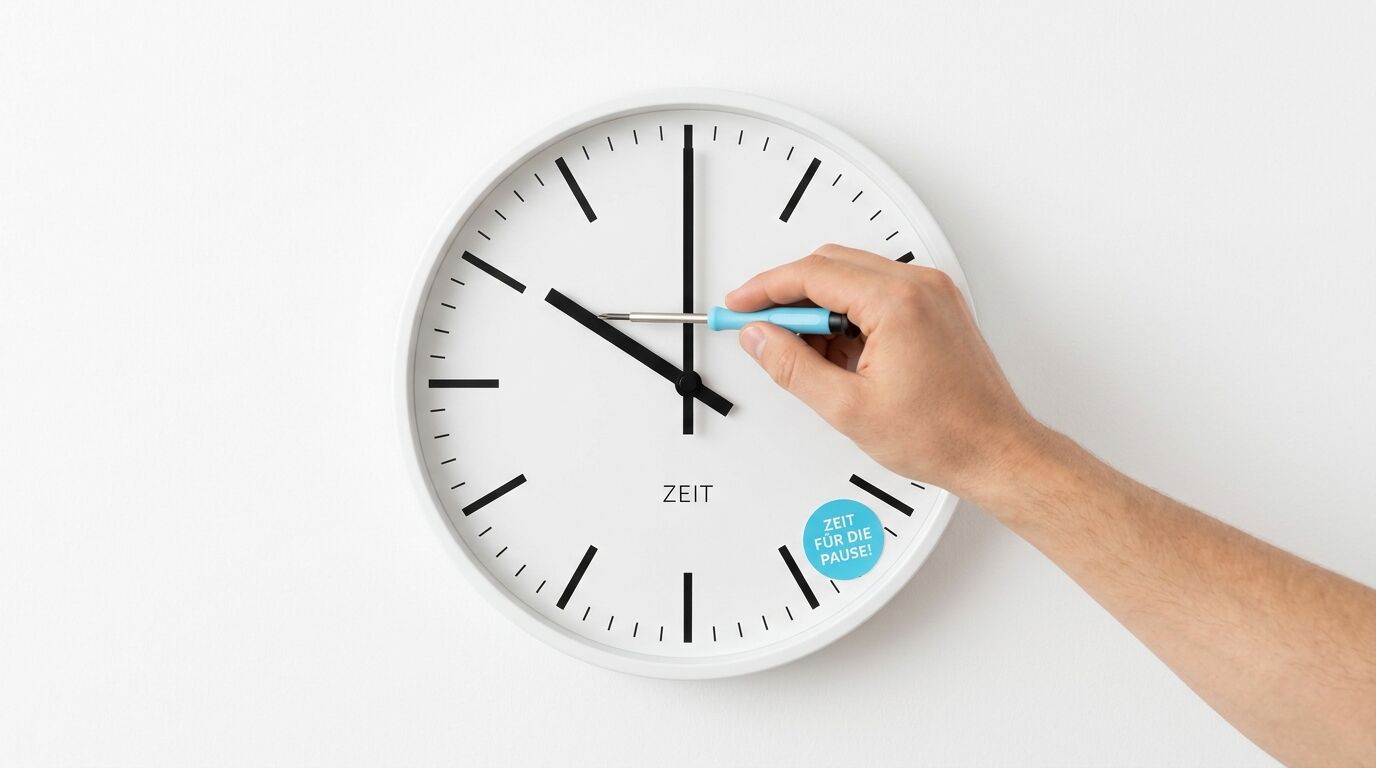 Wanduhr, Hand mit Schraubenzieher stellt Zeiger vor. Aufkleber: ZEIT FÜR DIE PAUSE!