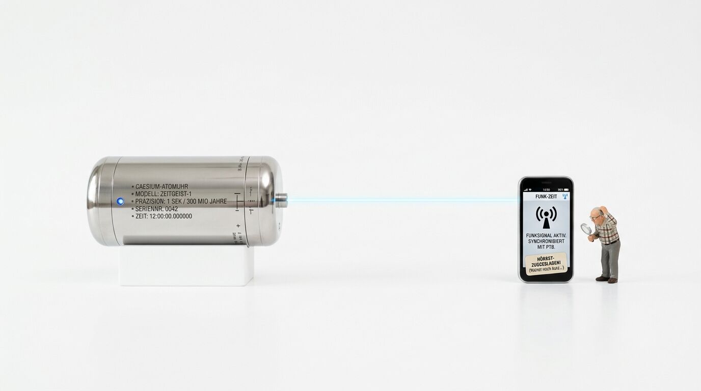 Atomuhr verbindet sich per Laserstrahl mit Smartphone, Mann betrachtet dies mit Lupe