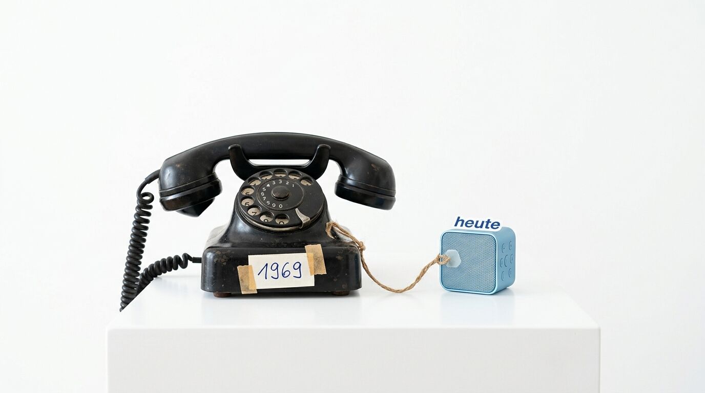 Altes Telefon mit „1969“-Schild und blauer Bluetooth-Lautsprecher mit „heute“-Schild daneben
