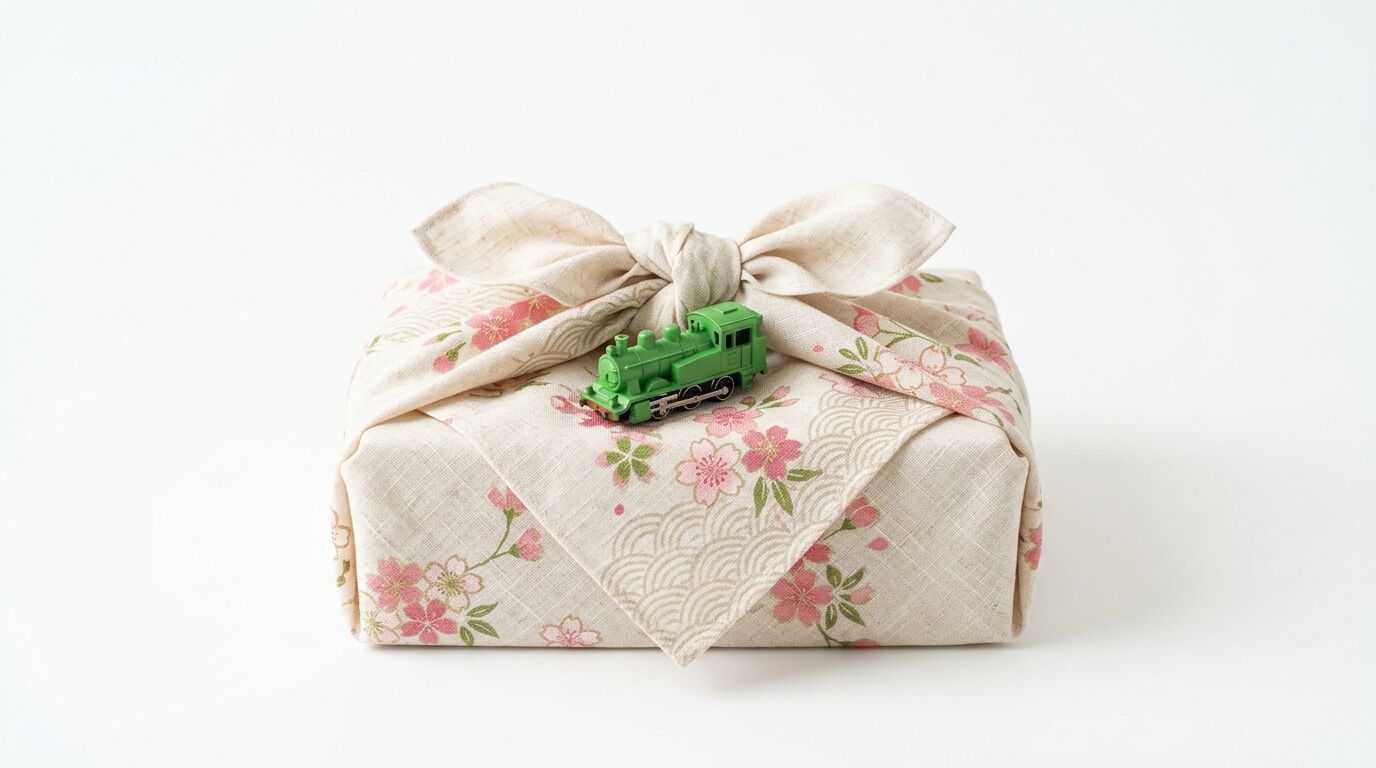 Geschenk mit Blumenmuster und kleiner grüner Spielzeugeisenbahn auf weißem Grund