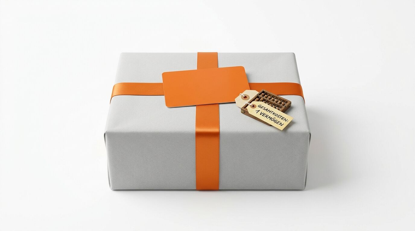Graues Geschenkpaket mit orangefarbenem Band, Karte, Mini-Abakus und Text-Tag auf Weiß