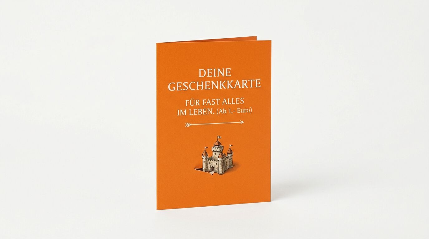 Oranges Klappheftchen mit deutschem Text und Burgillustration auf weißem Grund