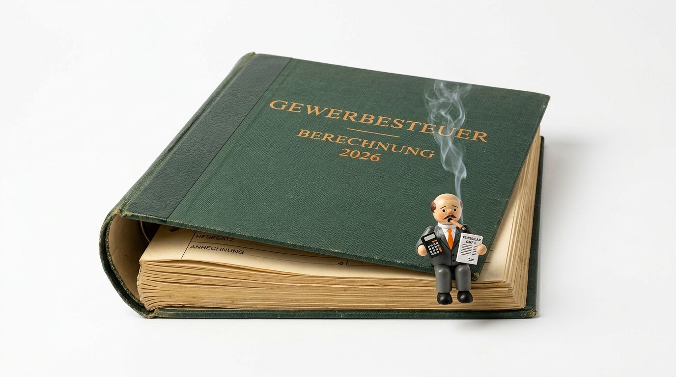 Grüner Ordner, rauchende Holzfigur davor, Text: