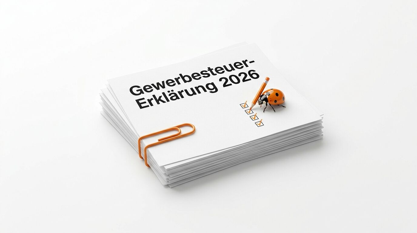 Stapel Zettel mit Text „Gewerbesteuer-Erklärung 2026“, Marienkäfer mit Stift, Büroklammer