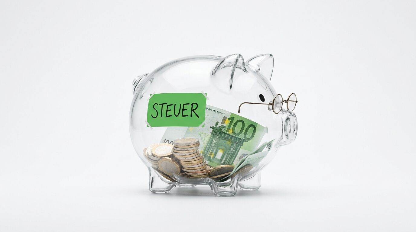 Gläsernes Sparschwein mit Brille, Geld, Euroschein und grünem Zettel „STEUER“