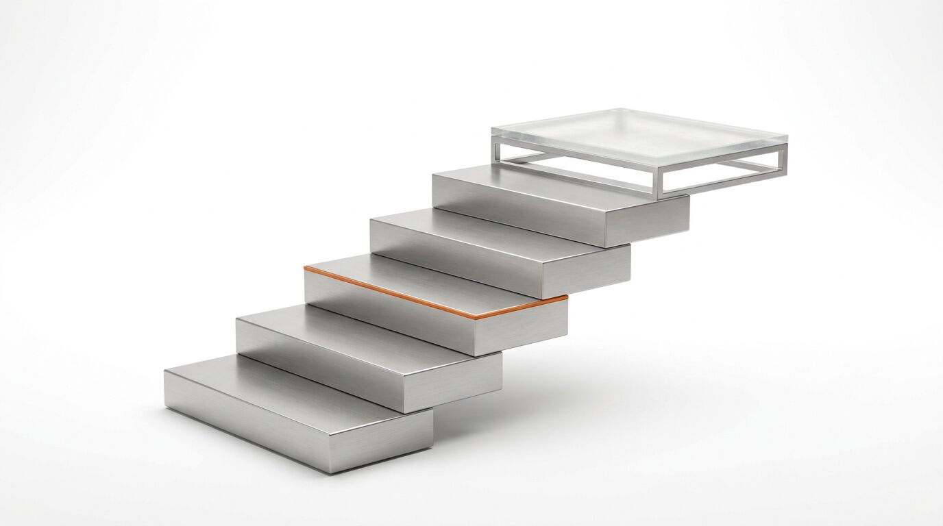 Metalltreppe mit orangefarbenem Akzent und oberster Glasplattform auf weißem Grund