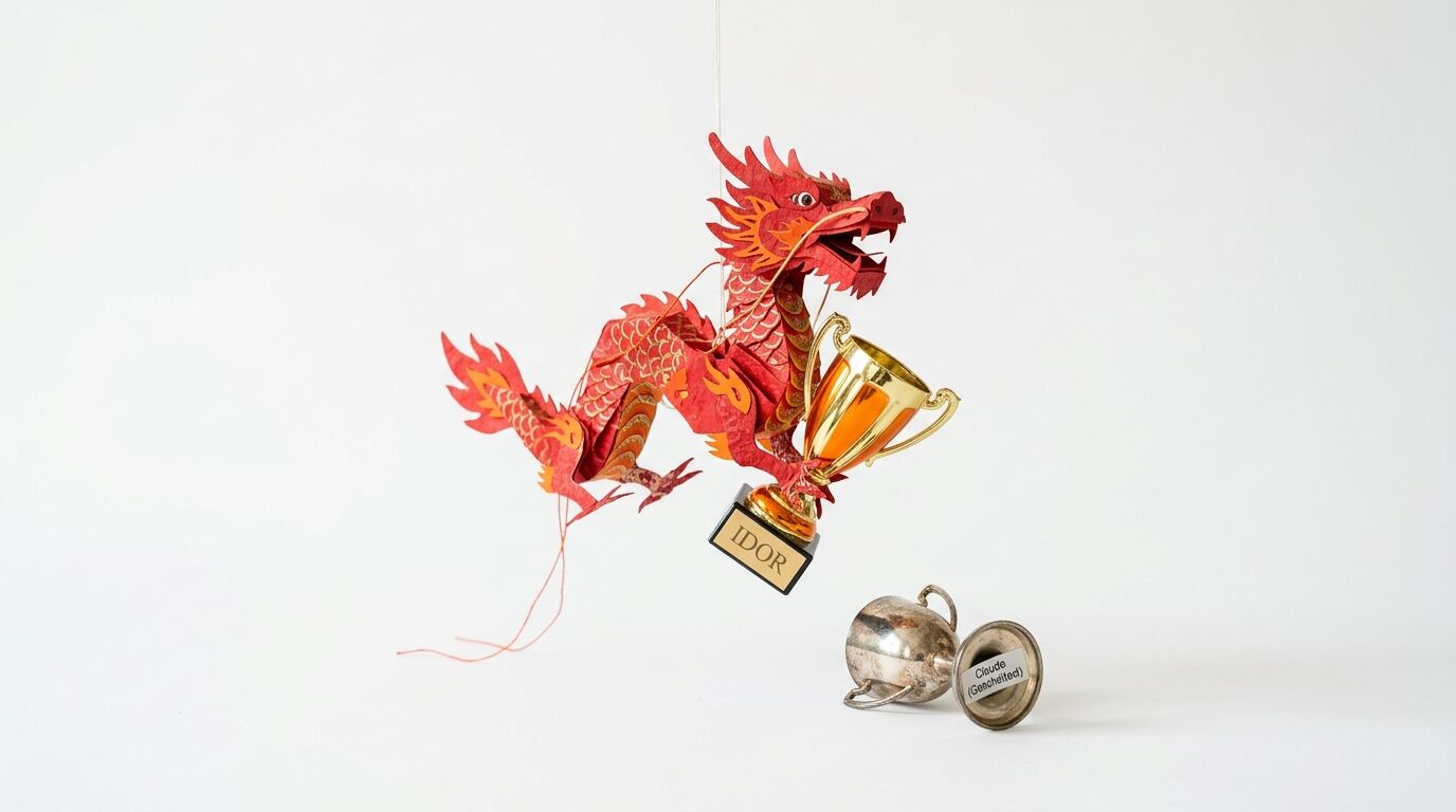 Ein roter Papierdrache hängt über einem liegenden Silberpokal und hält einen Goldpokal mit 