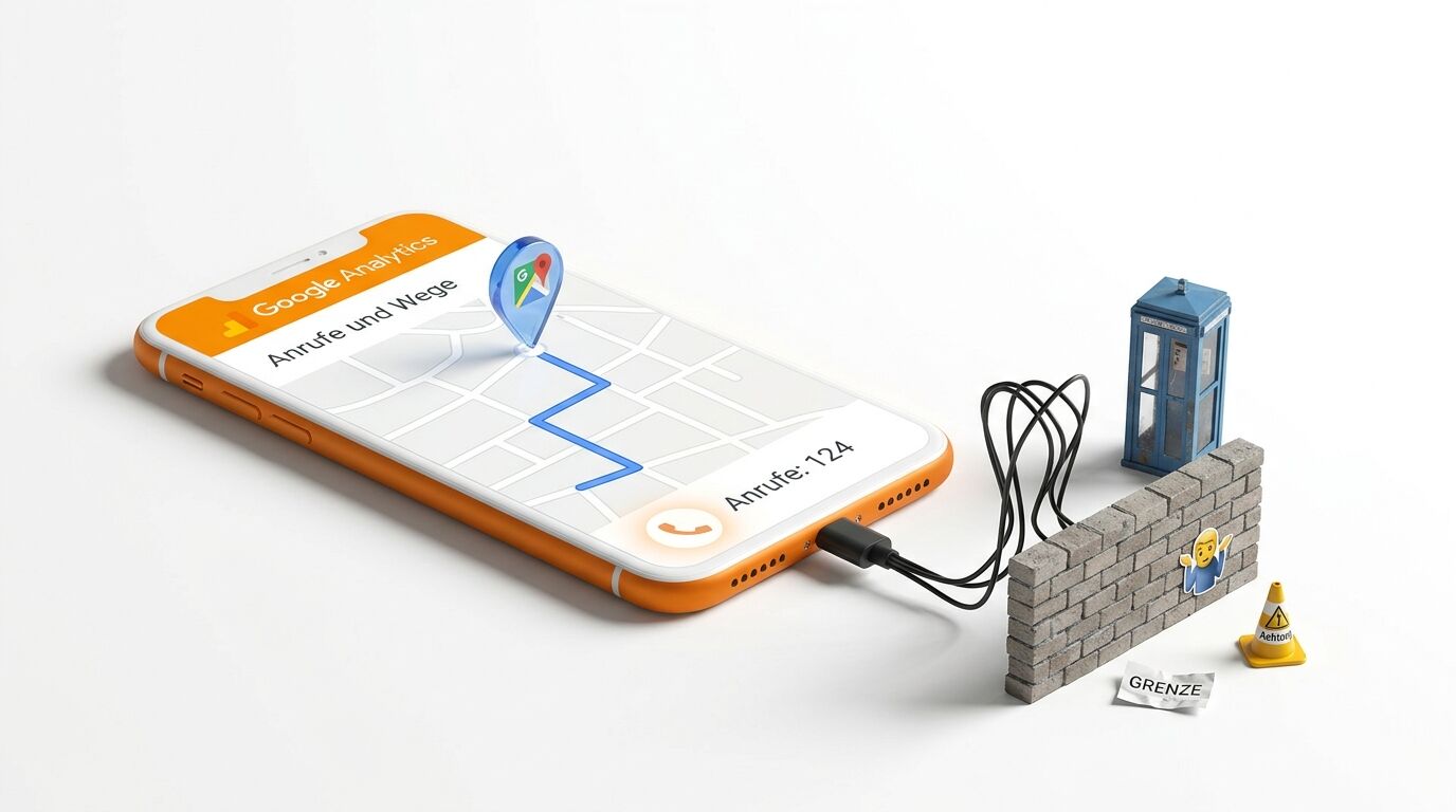 Ein Smartphone zeigt eine Karte. Ein Kabel führt zu einer Mauer mit einem Telefonhaus