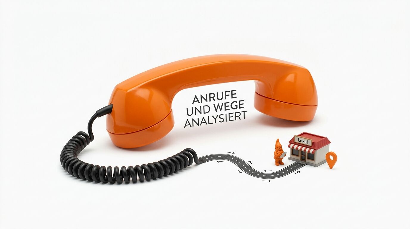 Hörer mit Spiralkabel, das als Weg zu Miniaturgeschäft und -wichtel wird, und Text