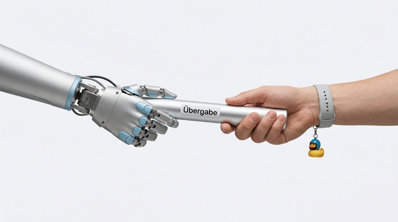 Roboterhand und Menschenhand mit Uhr übergeben einen Staffelstab mit Aufschrift „Übergabe“